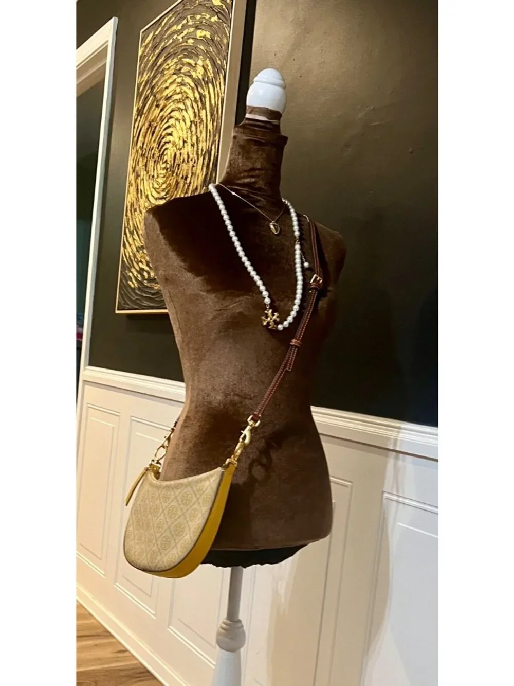 Tory Burch Monogram Half-Moon Crossbody Bag With Adjustable Strap In Yellow & Br